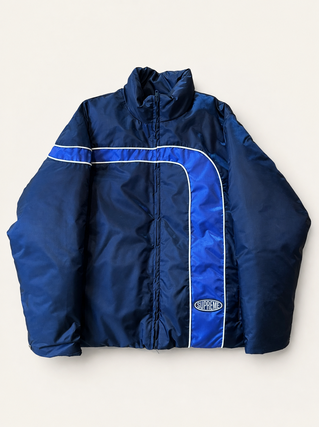 Supreme Stripe Puffer Jacket — S, Mørkeblå