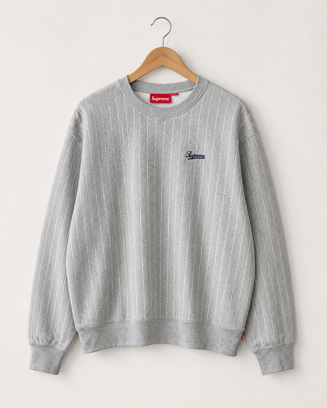 Supreme Pinstripe Crewneck — L, Grå